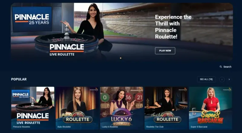 Pinnacle Casino - Selección de tragamonedas y juegos en vivo disponibles
