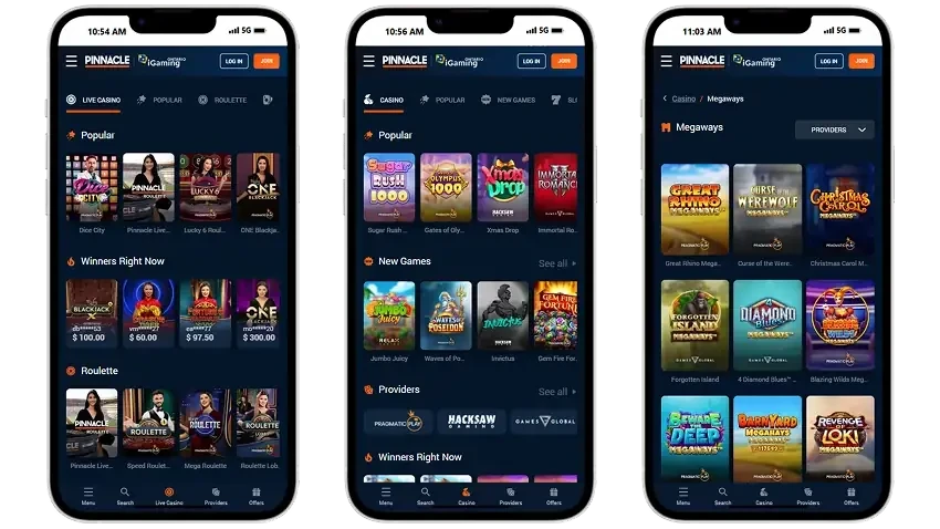 Tres pantallas del casino en el navegador del teléfono: casino en vivo, lobby y Megaways