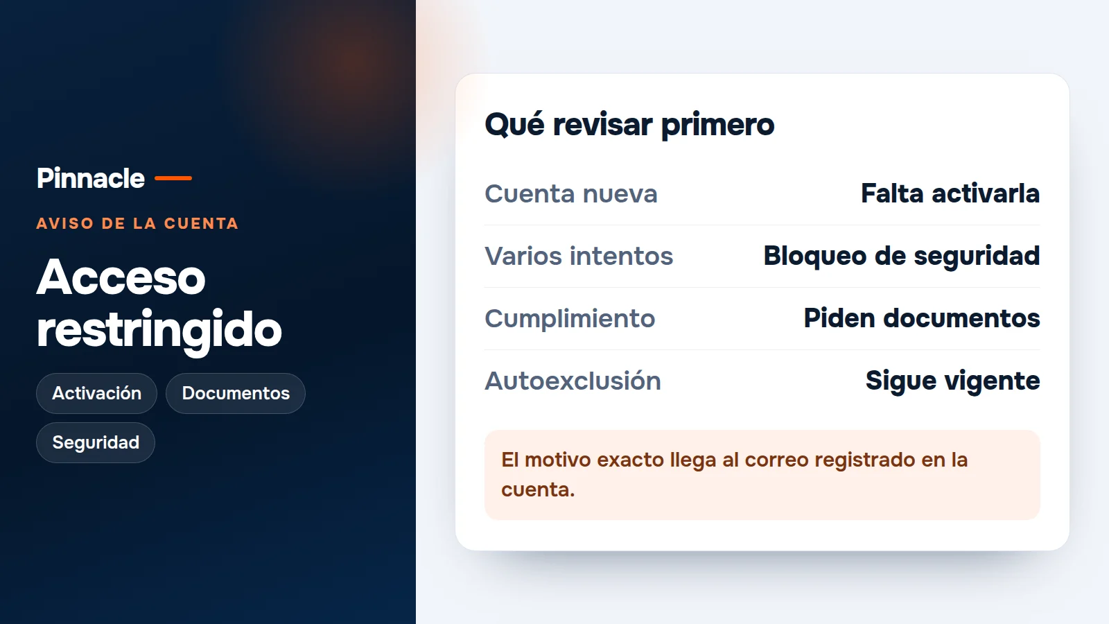 Tarjeta del aviso de acceso restringido con los cuatro motivos que conviene revisar primero