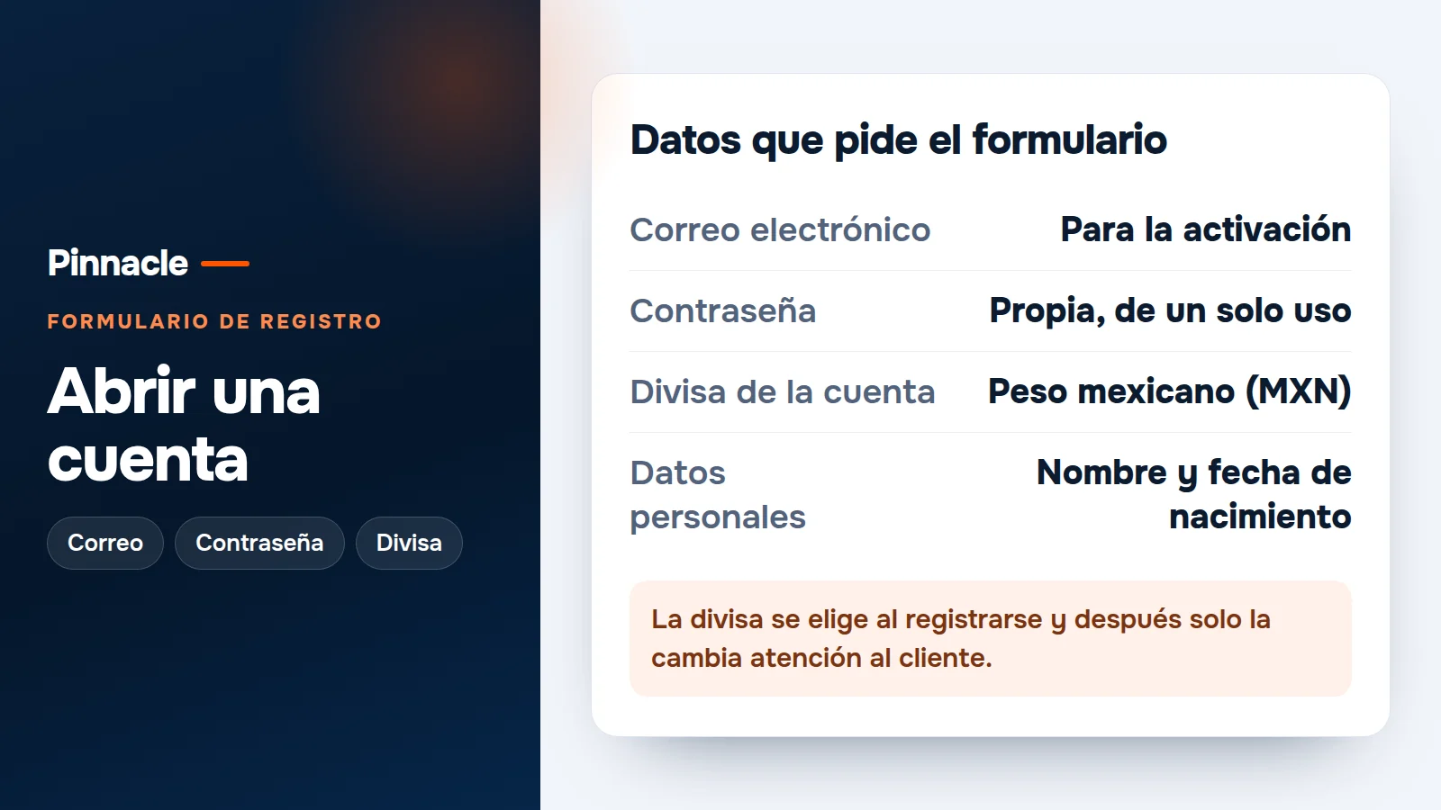 Tarjeta con los datos que pide el formulario de registro: correo, contraseña, divisa de la cuenta y datos personales